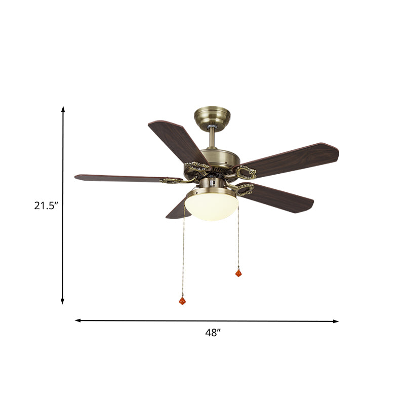 Antiqued Dome Pendant Fan Light Fixture Cream Glass LED Semi Flush Lamp in Brass with 5 Wood Vanes, 42"/48"/52" Wide Clearhalo 'Ceiling Fans with Lights' 'Ceiling Fans' Lighting' 407215