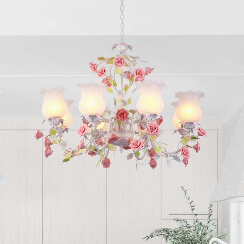 Rose Living Room Ceiling Chandelier Pastoral White Glass 8 Heads Pink Hanging Light Fixture White Clearhalo 'Ceiling Lights' 'Chandeliers' 'Glass shade' 'Glass' 'Pendant Lights' Lighting' 407230