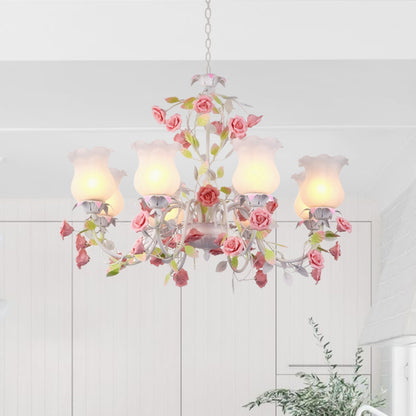 Rose Living Room Ceiling Chandelier Pastoral White Glass 8 Heads Pink Hanging Light Fixture White Clearhalo 'Ceiling Lights' 'Chandeliers' 'Glass shade' 'Glass' 'Pendant Lights' Lighting' 407230