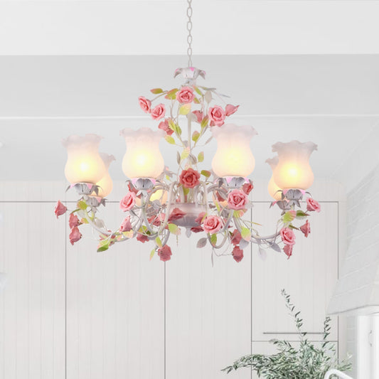 Rose Living Room Ceiling Chandelier Pastoral White Glass 8 Heads Pink Hanging Light Fixture White Clearhalo 'Ceiling Lights' 'Chandeliers' 'Glass shade' 'Glass' 'Pendant Lights' Lighting' 407230