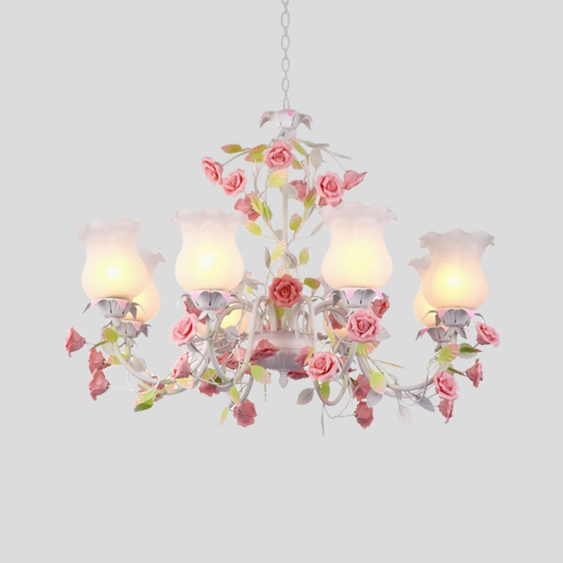 Rose Living Room Ceiling Chandelier Pastoral White Glass 8 Heads Pink Hanging Light Fixture Clearhalo 'Ceiling Lights' 'Chandeliers' 'Glass shade' 'Glass' 'Pendant Lights' Lighting' 407233