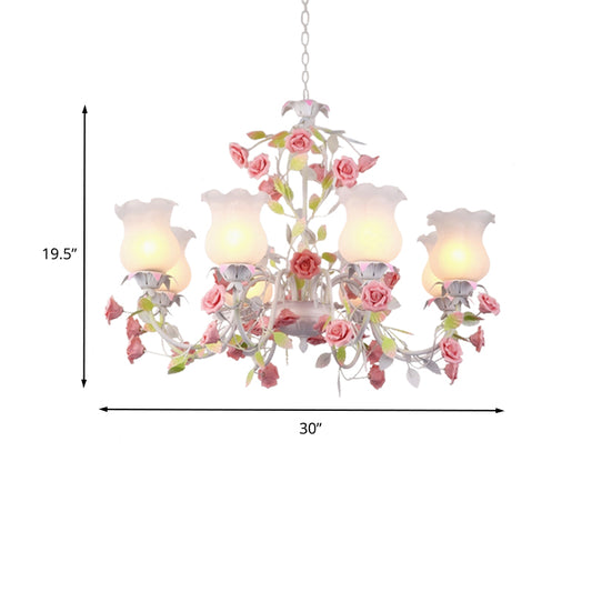 Rose Living Room Ceiling Chandelier Pastoral White Glass 8 Heads Pink Hanging Light Fixture Clearhalo 'Ceiling Lights' 'Chandeliers' 'Glass shade' 'Glass' 'Pendant Lights' Lighting' 407234