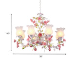 Rose Living Room Ceiling Chandelier Pastoral White Glass 8 Heads Pink Hanging Light Fixture Clearhalo 'Ceiling Lights' 'Chandeliers' 'Glass shade' 'Glass' 'Pendant Lights' Lighting' 407234
