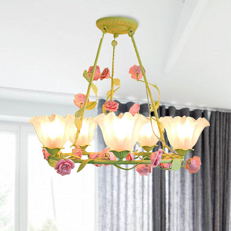 Opal Glass Scalloped Chandelier Lighting Korean Garden 5 Lights Bedroom Ceiling Lamp in Pink/Yellow Clearhalo 'Ceiling Lights' 'Chandeliers' 'Glass shade' 'Glass' Lighting' 407236
