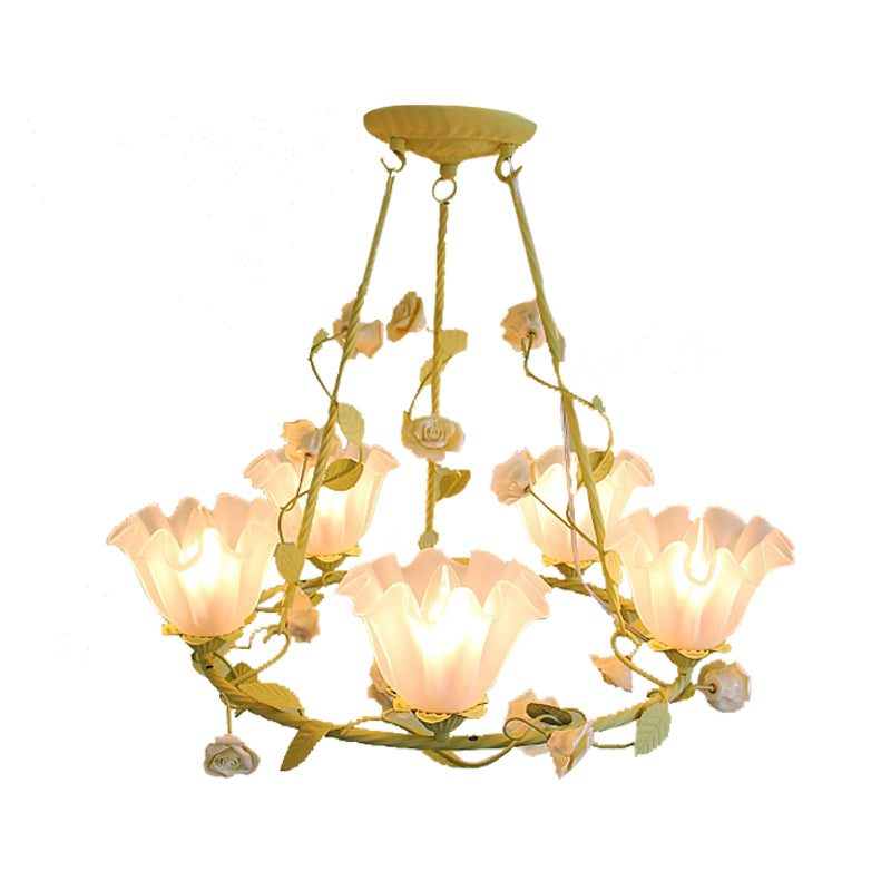 Opal Glass Scalloped Chandelier Lighting Korean Garden 5 Lights Bedroom Ceiling Lamp in Pink/Yellow Clearhalo 'Ceiling Lights' 'Chandeliers' 'Glass shade' 'Glass' Lighting' 407242