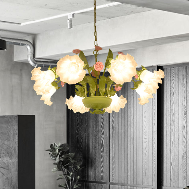 Korean Garden Rose Chandelier Lighting 6/8 Bulbs Cream Glass Pendant Light in Green for Restaurant 8 Green Clearhalo 'Ceiling Lights' 'Chandeliers' 'Glass shade' 'Glass' Lighting' 407243