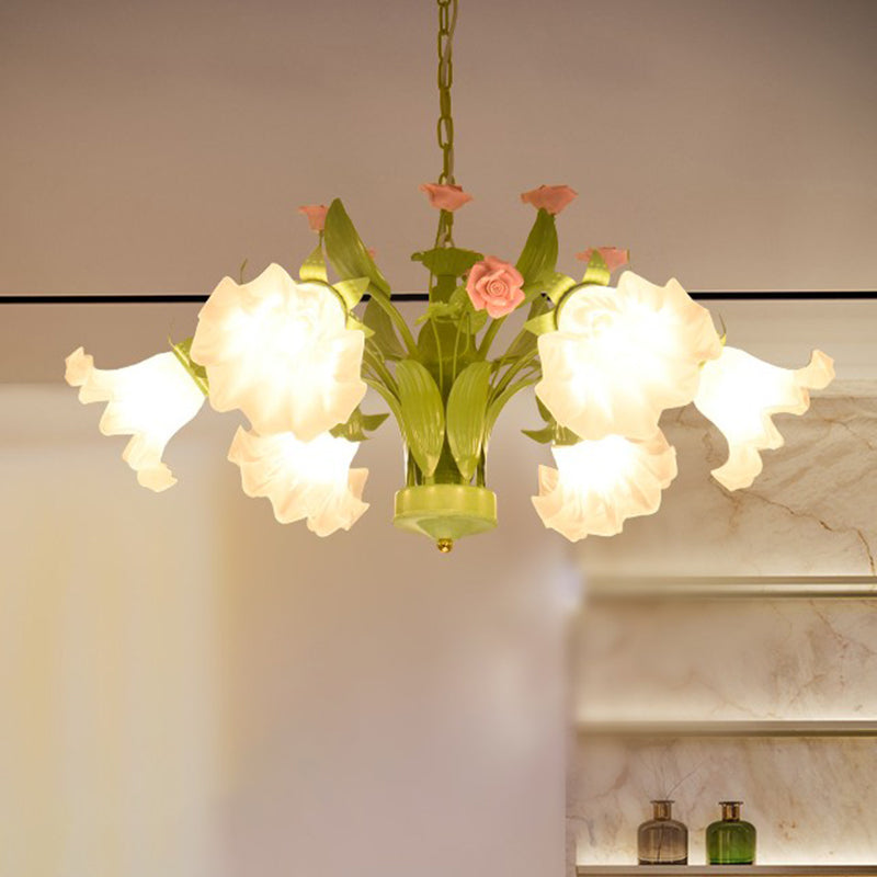Korean Garden Rose Chandelier Lighting 6/8 Bulbs Cream Glass Pendant Light in Green for Restaurant Clearhalo 'Ceiling Lights' 'Chandeliers' 'Glass shade' 'Glass' Lighting' 407249