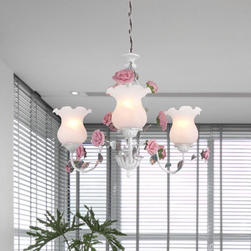 Metal White Chandelier Light Fixture Curvy Arm 3/5/6 Bulbs Pastoral Rose Down Lighting for Bedroom Clearhalo 'Ceiling Lights' 'Chandeliers' Lighting' options 407252
