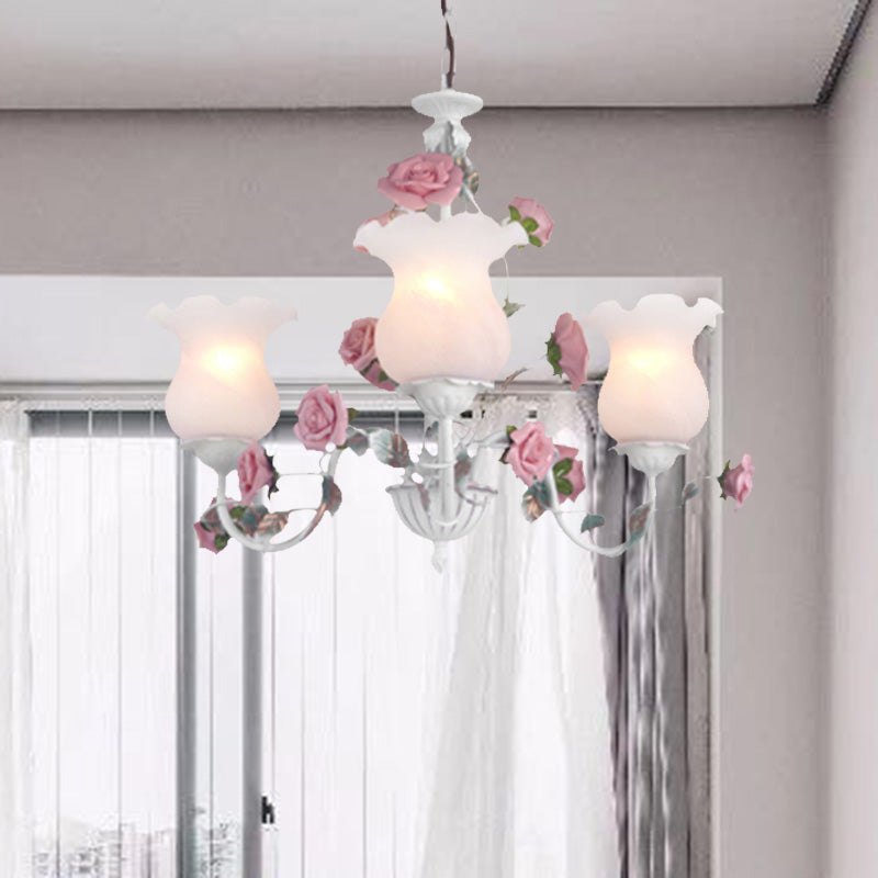 Metal White Chandelier Light Fixture Curvy Arm 3/5/6 Bulbs Pastoral Rose Down Lighting for Bedroom Clearhalo 'Ceiling Lights' 'Chandeliers' Lighting' options 407253