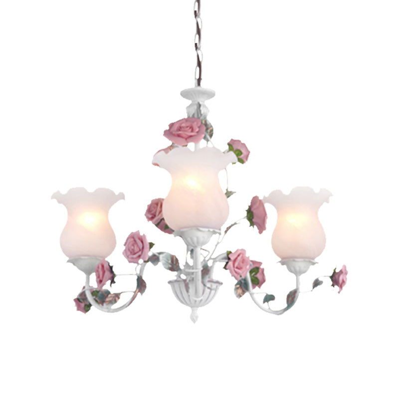 Metal White Chandelier Light Fixture Curvy Arm 3/5/6 Bulbs Pastoral Rose Down Lighting for Bedroom Clearhalo 'Ceiling Lights' 'Chandeliers' Lighting' options 407254