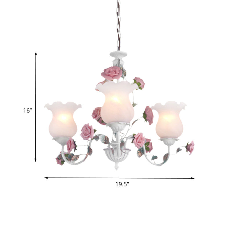 Metal White Chandelier Light Fixture Curvy Arm 3/5/6 Bulbs Pastoral Rose Down Lighting for Bedroom Clearhalo 'Ceiling Lights' 'Chandeliers' Lighting' options 407256