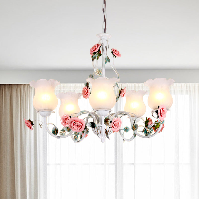 Metal White Chandelier Light Fixture Curvy Arm 3/5/6 Bulbs Pastoral Rose Down Lighting for Bedroom Clearhalo 'Ceiling Lights' 'Chandeliers' Lighting' options 407257