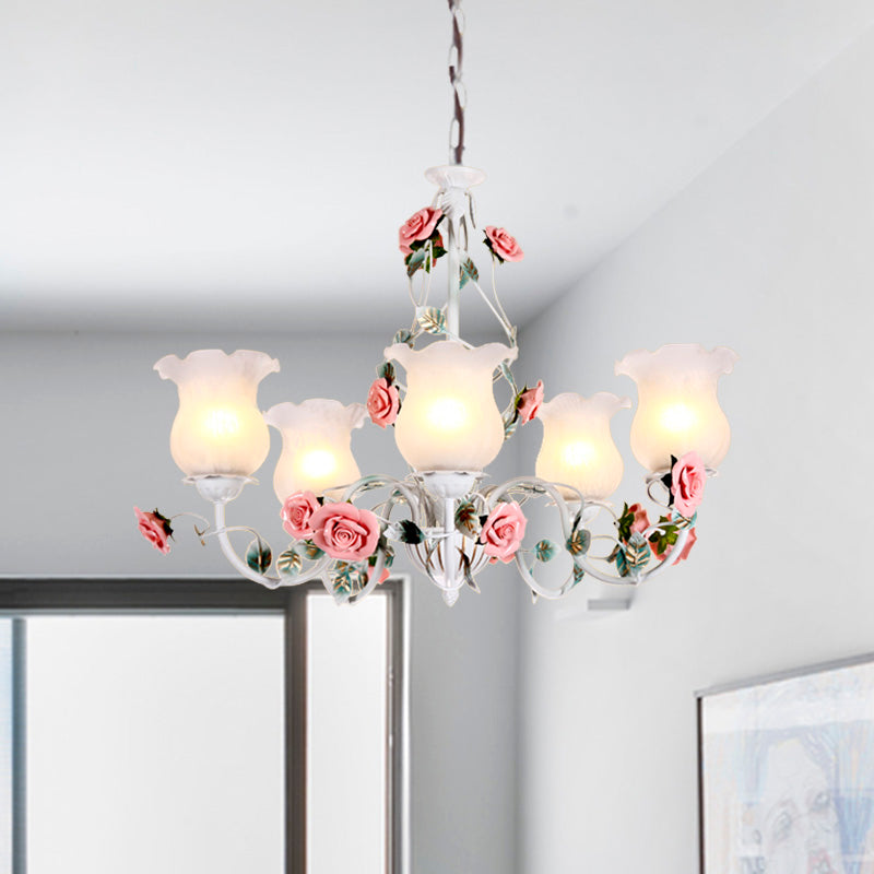 Metal White Chandelier Light Fixture Curvy Arm 3/5/6 Bulbs Pastoral Rose Down Lighting for Bedroom Clearhalo 'Ceiling Lights' 'Chandeliers' Lighting' options 407258