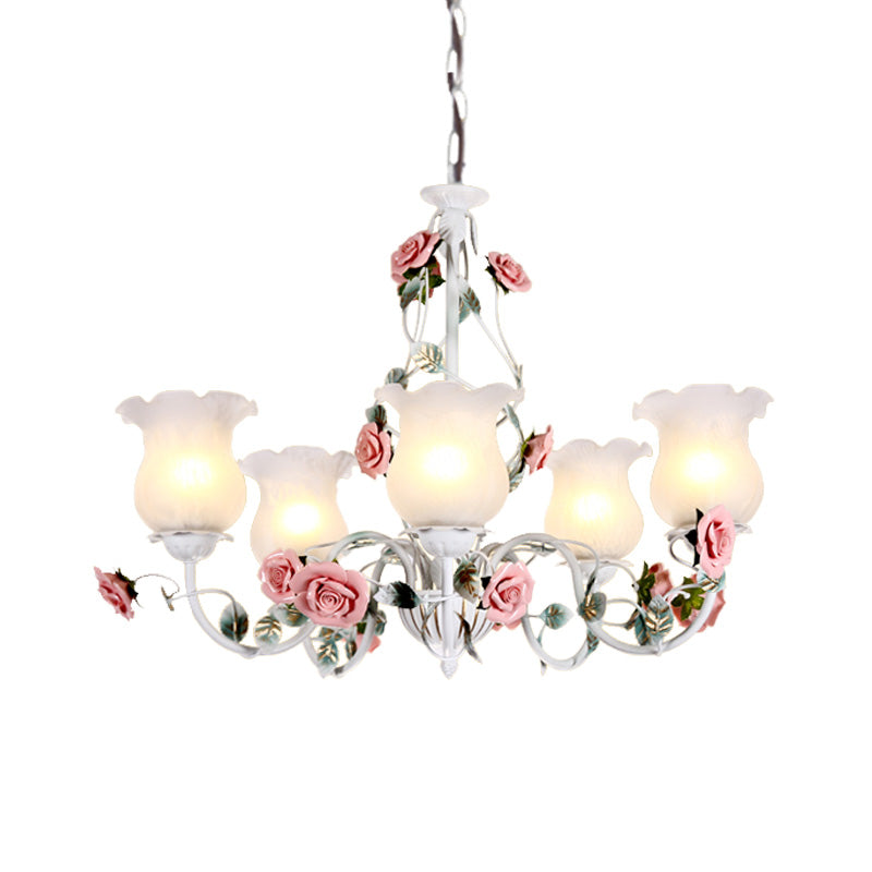 Metal White Chandelier Light Fixture Curvy Arm 3/5/6 Bulbs Pastoral Rose Down Lighting for Bedroom Clearhalo 'Ceiling Lights' 'Chandeliers' Lighting' options 407259