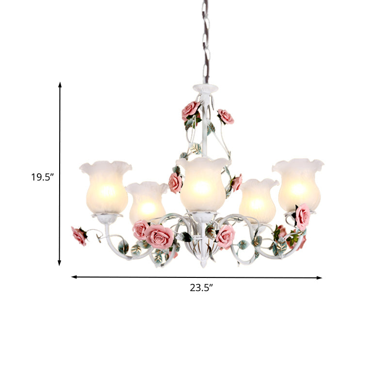 Metal White Chandelier Light Fixture Curvy Arm 3/5/6 Bulbs Pastoral Rose Down Lighting for Bedroom Clearhalo 'Ceiling Lights' 'Chandeliers' Lighting' options 407260