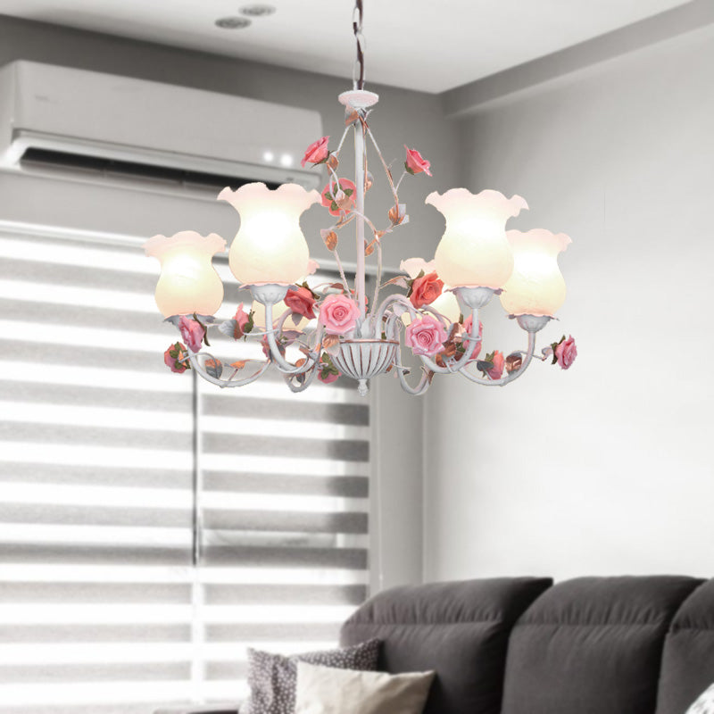 Metal White Chandelier Light Fixture Curvy Arm 3/5/6 Bulbs Pastoral Rose Down Lighting for Bedroom Clearhalo 'Ceiling Lights' 'Chandeliers' Lighting' options 407262