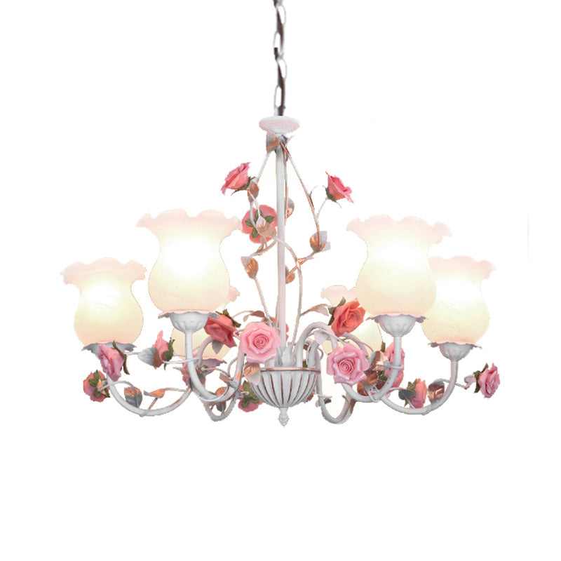 Metal White Chandelier Light Fixture Curvy Arm 3/5/6 Bulbs Pastoral Rose Down Lighting for Bedroom Clearhalo 'Ceiling Lights' 'Chandeliers' Lighting' options 407263