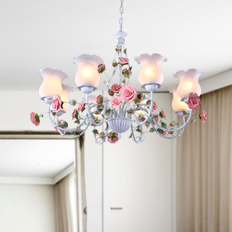 Metal White Chandelier Light Fixture Curvy Arm 3/5/6 Bulbs Pastoral Rose Down Lighting for Bedroom Clearhalo 'Ceiling Lights' 'Chandeliers' Lighting' options 407266