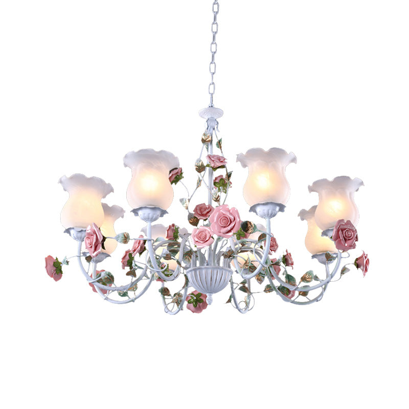 Metal White Chandelier Light Fixture Curvy Arm 3/5/6 Bulbs Pastoral Rose Down Lighting for Bedroom Clearhalo 'Ceiling Lights' 'Chandeliers' Lighting' options 407267