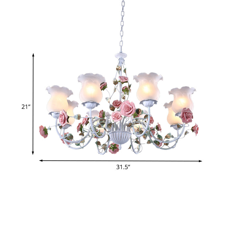 Metal White Chandelier Light Fixture Curvy Arm 3/5/6 Bulbs Pastoral Rose Down Lighting for Bedroom Clearhalo 'Ceiling Lights' 'Chandeliers' Lighting' options 407268