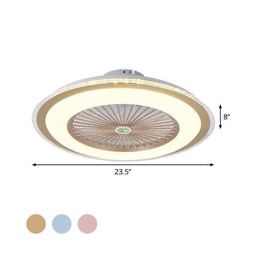 23.5" W LED Circle Hanging Fan Lamp Simple Pink/Blue/Gold Finish Acrylic Semi Flush Mount Lamp with 5 Clear Blades Clearhalo 'Ceiling Fans with Lights' 'Ceiling Fans' 'Kids Ceiling Fans' 'Kids' Lighting' 407336