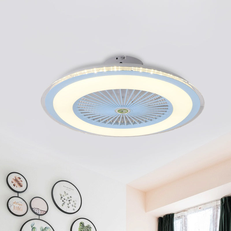 23.5" W LED Circle Hanging Fan Lamp Simple Pink/Blue/Gold Finish Acrylic Semi Flush Mount Lamp with 5 Clear Blades Clearhalo 'Ceiling Fans with Lights' 'Ceiling Fans' 'Kids Ceiling Fans' 'Kids' Lighting' 407338