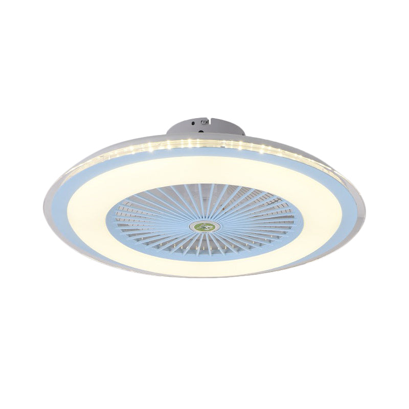 23.5" W LED Circle Hanging Fan Lamp Simple Pink/Blue/Gold Finish Acrylic Semi Flush Mount Lamp with 5 Clear Blades Clearhalo 'Ceiling Fans with Lights' 'Ceiling Fans' 'Kids Ceiling Fans' 'Kids' Lighting' 407339