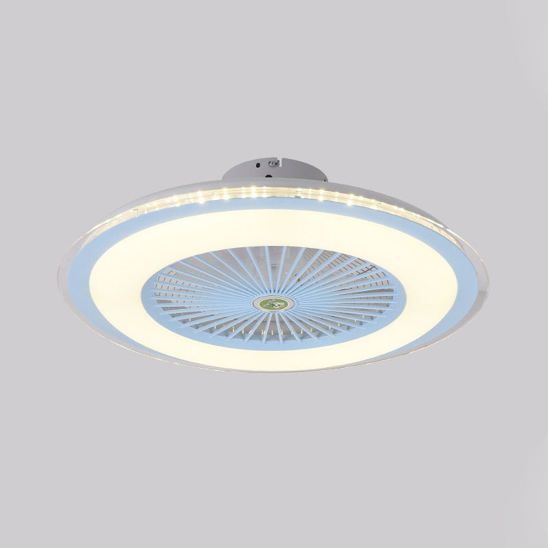 23.5" W LED Circle Hanging Fan Lamp Simple Pink/Blue/Gold Finish Acrylic Semi Flush Mount Lamp with 5 Clear Blades Clearhalo 'Ceiling Fans with Lights' 'Ceiling Fans' 'Kids Ceiling Fans' 'Kids' Lighting' 407340