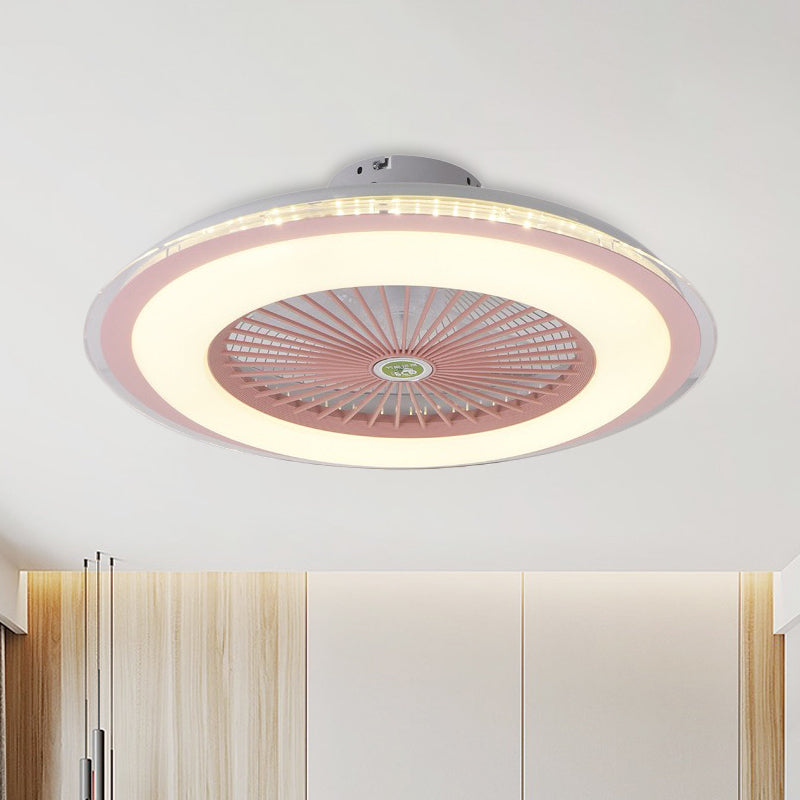 23.5" W LED Circle Hanging Fan Lamp Simple Pink/Blue/Gold Finish Acrylic Semi Flush Mount Lamp with 5 Clear Blades Pink Clearhalo 'Ceiling Fans with Lights' 'Ceiling Fans' 'Kids Ceiling Fans' 'Kids' Lighting' 407341