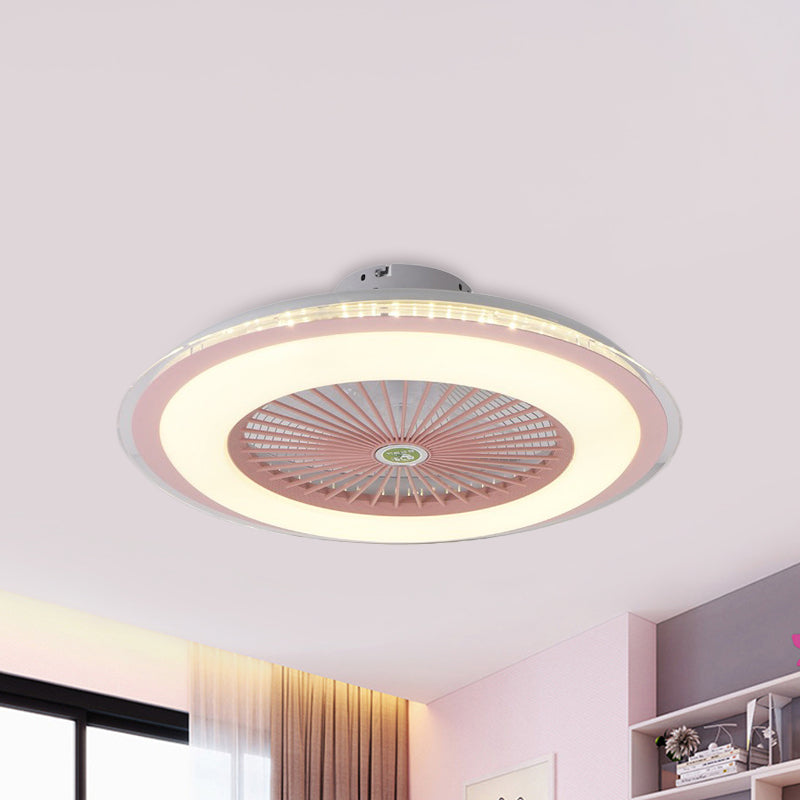 23.5" W LED Circle Hanging Fan Lamp Simple Pink/Blue/Gold Finish Acrylic Semi Flush Mount Lamp with 5 Clear Blades Clearhalo 'Ceiling Fans with Lights' 'Ceiling Fans' 'Kids Ceiling Fans' 'Kids' Lighting' 407342