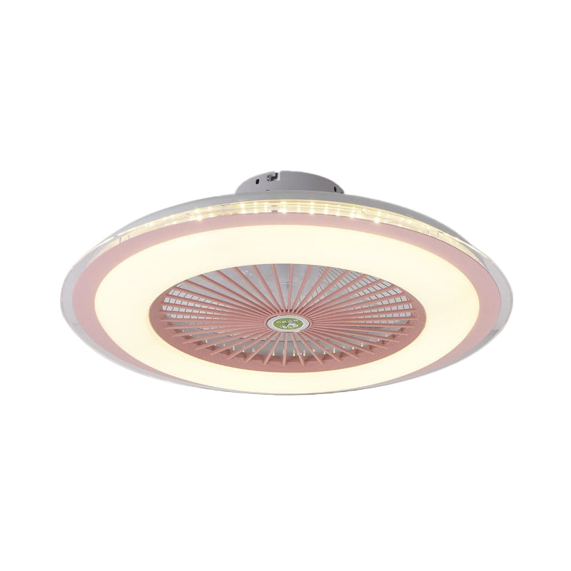23.5" W LED Circle Hanging Fan Lamp Simple Pink/Blue/Gold Finish Acrylic Semi Flush Mount Lamp with 5 Clear Blades Clearhalo 'Ceiling Fans with Lights' 'Ceiling Fans' 'Kids Ceiling Fans' 'Kids' Lighting' 407343