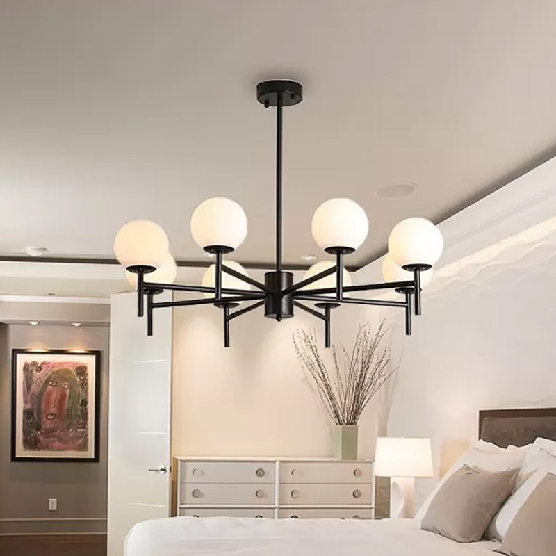 Black/Gold Globe Chandelier Lighting with Radial Design Contemporary 6/8/9 Lights Milk Glass Chandelier Hanging Lamp Clearhalo 'Ceiling Lights' 'Chandeliers' 'Glass shade' 'Glass' 'Modern Chandeliers' 'Modern' Lighting' 409421