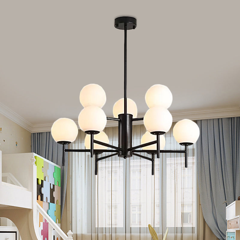 Black/Gold Globe Chandelier Lighting with Radial Design Contemporary 6/8/9 Lights Milk Glass Chandelier Hanging Lamp Clearhalo 'Ceiling Lights' 'Chandeliers' 'Glass shade' 'Glass' 'Modern Chandeliers' 'Modern' Lighting' 409422