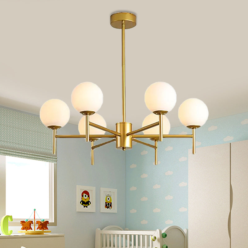 Black/Gold Globe Chandelier Lighting with Radial Design Contemporary 6/8/9 Lights Milk Glass Chandelier Hanging Lamp Clearhalo 'Ceiling Lights' 'Chandeliers' 'Glass shade' 'Glass' 'Modern Chandeliers' 'Modern' Lighting' 409424