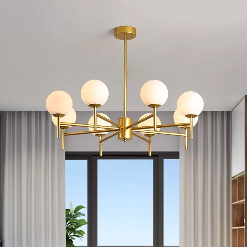 Black/Gold Globe Chandelier Lighting with Radial Design Contemporary 6/8/9 Lights Milk Glass Chandelier Hanging Lamp Clearhalo 'Ceiling Lights' 'Chandeliers' 'Glass shade' 'Glass' 'Modern Chandeliers' 'Modern' Lighting' 409425
