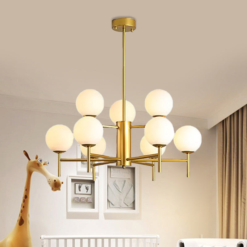 Black/Gold Globe Chandelier Lighting with Radial Design Contemporary 6/8/9 Lights Milk Glass Chandelier Hanging Lamp Clearhalo 'Ceiling Lights' 'Chandeliers' 'Glass shade' 'Glass' 'Modern Chandeliers' 'Modern' Lighting' 409426