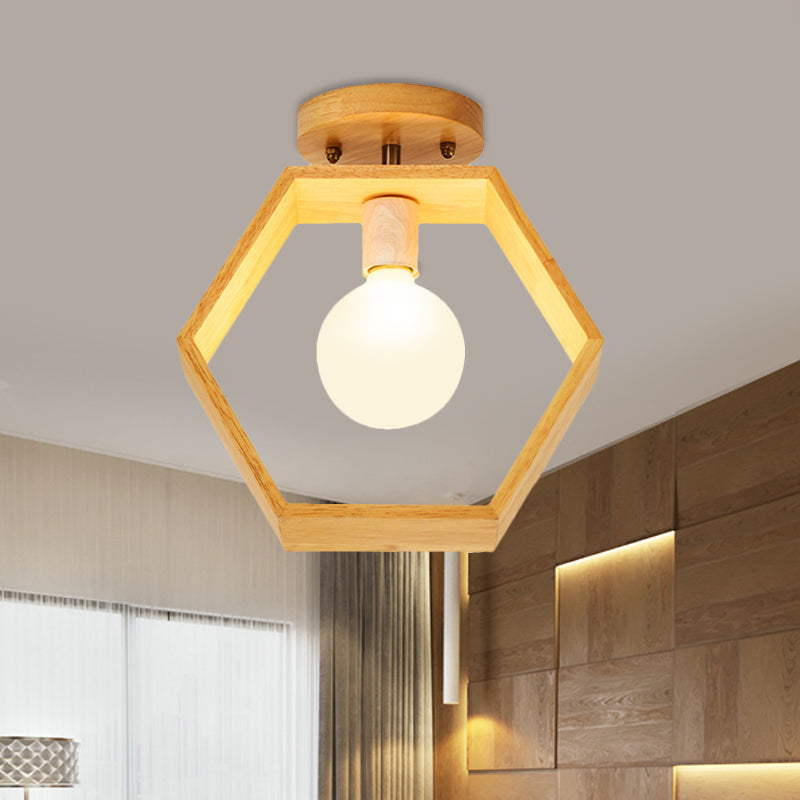 Triangle/Square/Pentagon Semi Flush Mount Light with White Glass Modern 1 Head Ceiling Mounted Fixture in Wood Wood Pentagon Clearhalo 'Ceiling Lights' 'Close To Ceiling Lights' 'Close to ceiling' 'Flush mount' Lighting' 410061