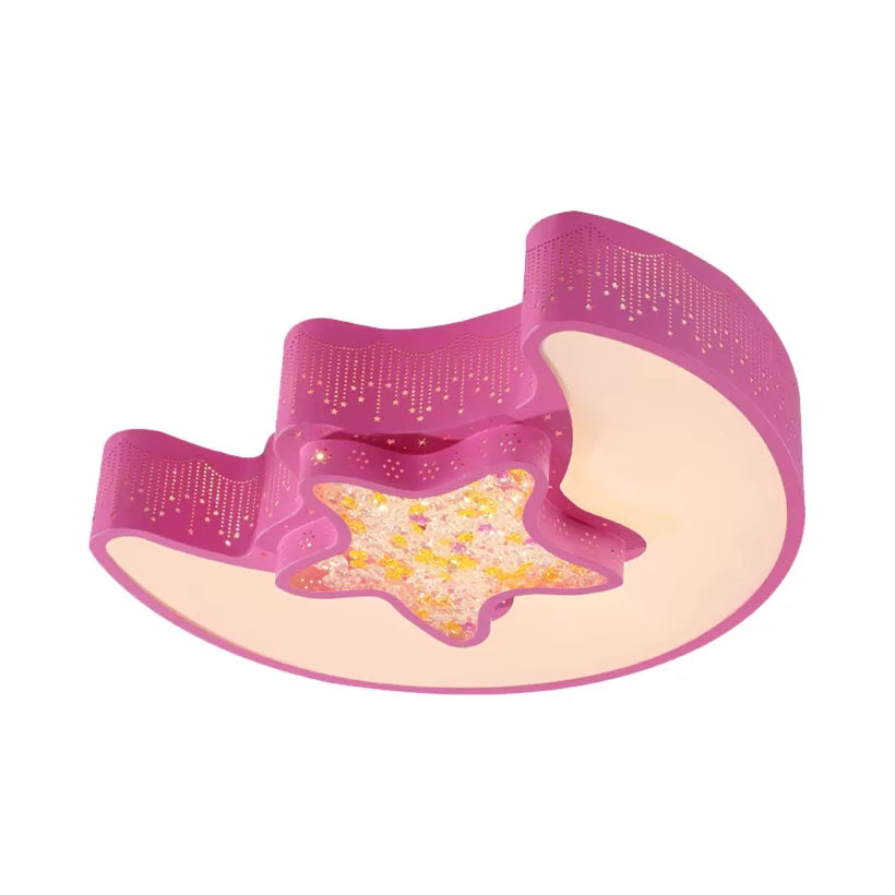 18"/21.5" Star and Moon Flush Mount Lamp Macaron Metal LED Ceiling Lamp in White/Pink/Blue/Green for Kindergarten, Third Gear/White Light Pink Clearhalo 'Ceiling Lights' 'Close To Ceiling Lights' 'Close to ceiling' 'Flush mount' Lighting' 41070