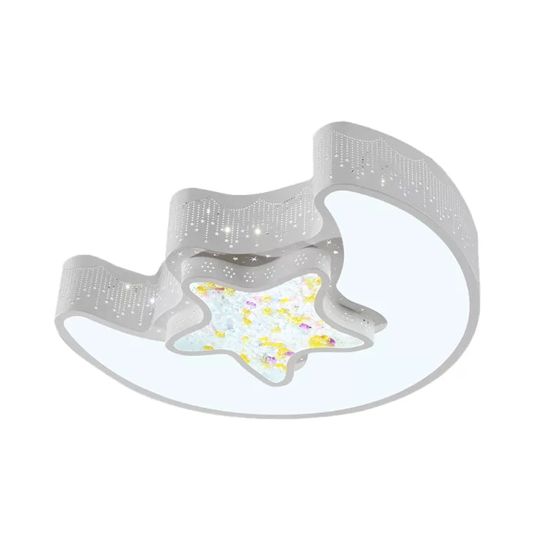 18"/21.5" Star and Moon Flush Mount Lamp Macaron Metal LED Ceiling Lamp in White/Pink/Blue/Green for Kindergarten, Third Gear/White Light White Clearhalo 'Ceiling Lights' 'Close To Ceiling Lights' 'Close to ceiling' 'Flush mount' Lighting' 41074