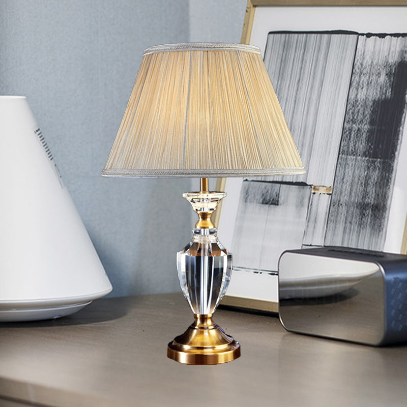 Beige Urn Desk Lamp Modern 1 Head Beveled Crystal Table Light with Cone Fabric Shade Beige Clearhalo 'Lamps' 'Table Lamps' Lighting' 411053