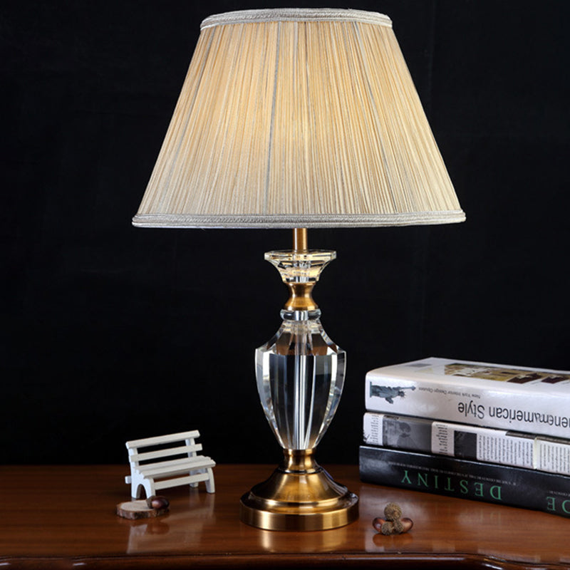 Beige Urn Desk Lamp Modern 1 Head Beveled Crystal Table Light with Cone Fabric Shade Clearhalo 'Lamps' 'Table Lamps' Lighting' 411054