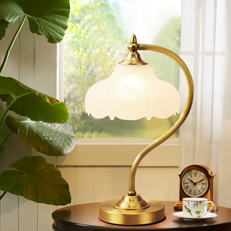 1-Head Living Room Table Lamp Post-Modern Brass Metal Night Lighting with Flower Opal Glass Shade Clearhalo 'Lamps' 'Table Lamps' Lighting' 411085