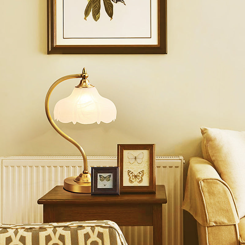 1-Head Living Room Table Lamp Post-Modern Brass Metal Night Lighting with Flower Opal Glass Shade Clearhalo 'Lamps' 'Table Lamps' Lighting' 411086