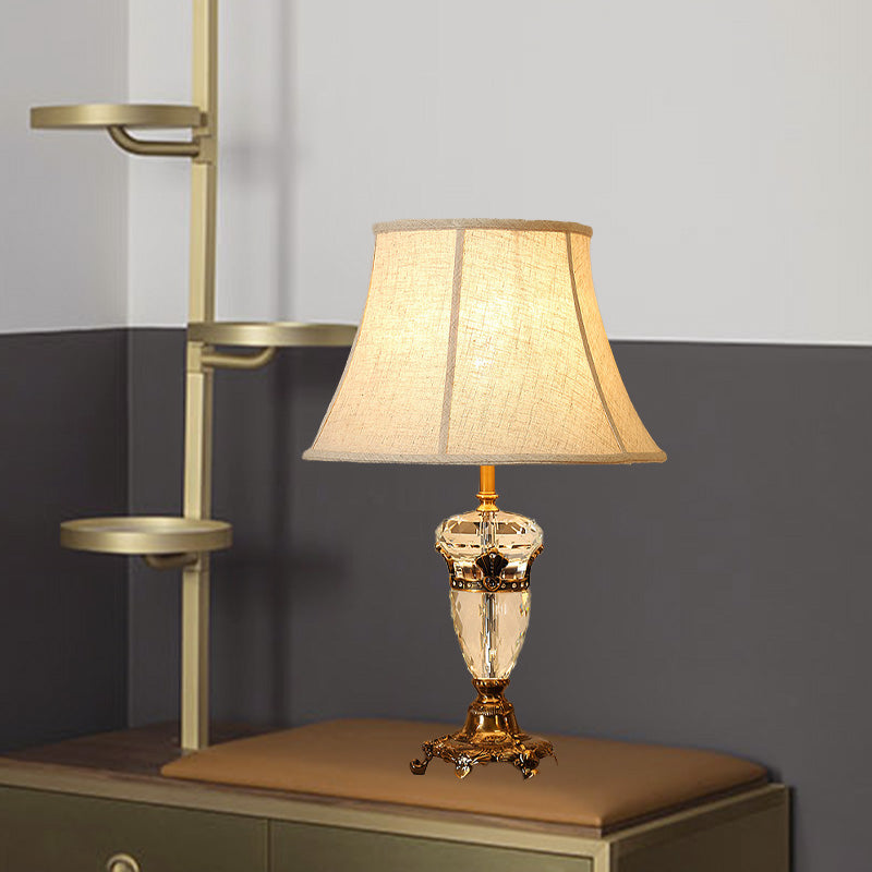 1 Head Curved Fabric Desk Light Modernism Faceted Crystal Night Table Lamp in Beige Beige Clearhalo 'Lamps' 'Table Lamps' Lighting' 411248