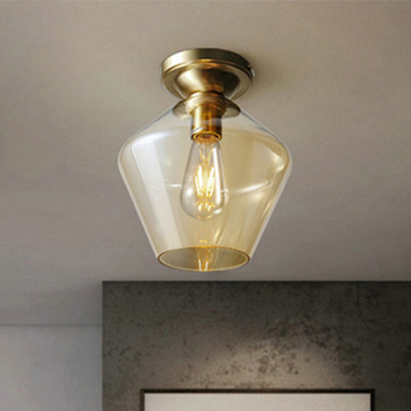 Drum/Vase Ceiling Mounted Fixture with Amber Glass Lampshade Contemporary 1 Light Flush Ceiling Fixture in Brass Finish Clearhalo 'Ceiling Lights' 'Close To Ceiling Lights' 'Close to ceiling' 'Flush mount' Lighting' 411340