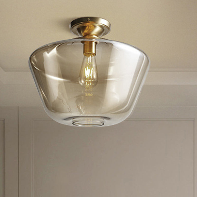 Drum/Vase Ceiling Mounted Fixture with Amber Glass Lampshade Contemporary 1 Light Flush Ceiling Fixture in Brass Finish Brass Drum Clearhalo 'Ceiling Lights' 'Close To Ceiling Lights' 'Close to ceiling' 'Flush mount' Lighting' 411341