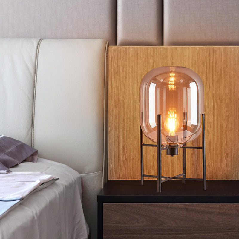 Oval Night Lighting Modern Smoke Gray/Cognac Glass Shade 1-Light Restaurant Nightstand Lamp with Vertical Metal Base Clearhalo 'Lamps' 'Table Lamps' Lighting' 411578