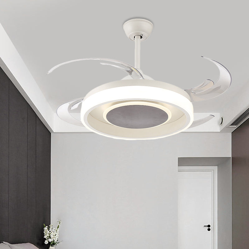 42" Wide White LED Pendant Fan Light Minimalist Acrylic Circular Semi Flush Mount Ceiling Fixture for Bedroom, 4 Clear Blades Clearhalo 'Ceiling Fans with Lights' 'Ceiling Fans' 'Modern Ceiling Fans' 'Modern' Lighting' 415762