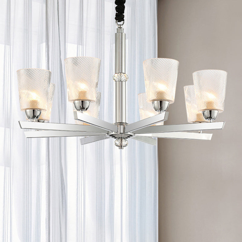 Cup Up Chandelier Pendant Modern Ribbed Glass 6 Lights Living Room Ceiling Lamp Kit in Chrome Clearhalo 'Ceiling Lights' 'Chandeliers' 'Glass shade' 'Glass' 'Island Lights' 'Modern Chandeliers' 'Modern' Lighting' 415881