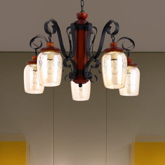 5 Lights Cylinder Ceiling Pendant Light with 27.5" Metal Chain Country Suspension Light in Black Clearhalo 'Ceiling Lights' 'Chandeliers' 'Glass shade' 'Glass' 'Industrial Chandeliers' 'Industrial' 'Middle Century Chandeliers' 'Tiffany' Lighting' 415923